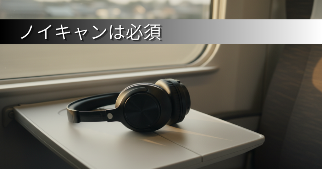 新幹線の車内でノイズキャンセリングイヤホンを使用している様子
