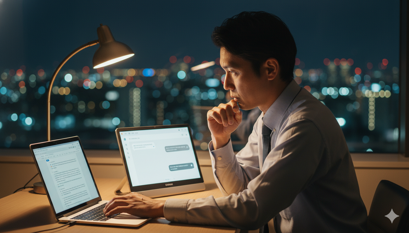 ホテルの夜にノートPCで作業しながらモバイルモニターでAIチャットを活用するビジネスマン