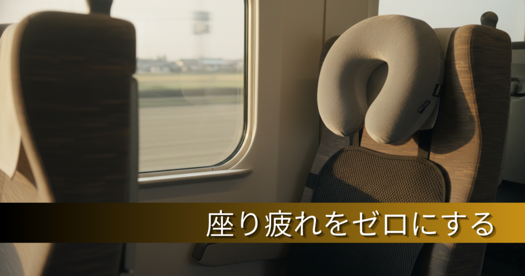 新幹線の座席でネックピローを使い体の疲れを軽減している様子