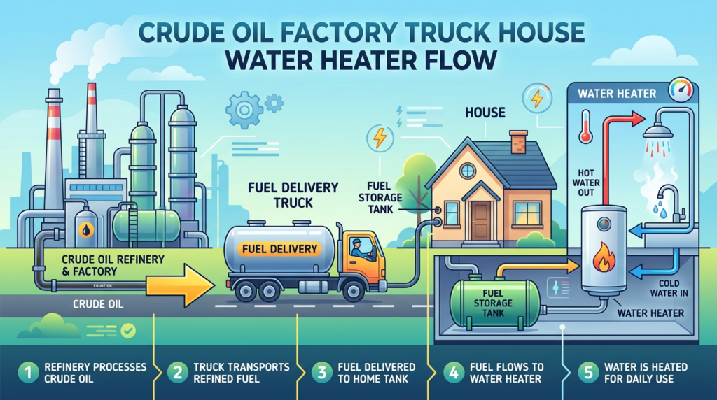 Diagram showing crude oil refinery processing oil, fuel delivery truck transporting fuel to house storage tank, supplying fuel to water heater that heats water for household use