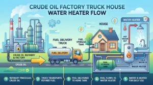 Diagram showing crude oil refinery processing oil, fuel delivery truck transporting fuel to house storage tank, supplying fuel to water heater that heats water for household use