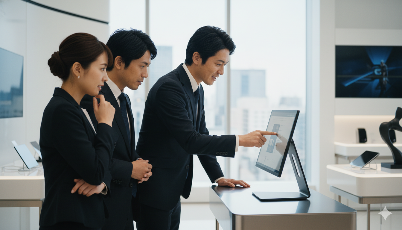 ショールームでモバイルモニターを使いお客様に製品を説明する営業担当者