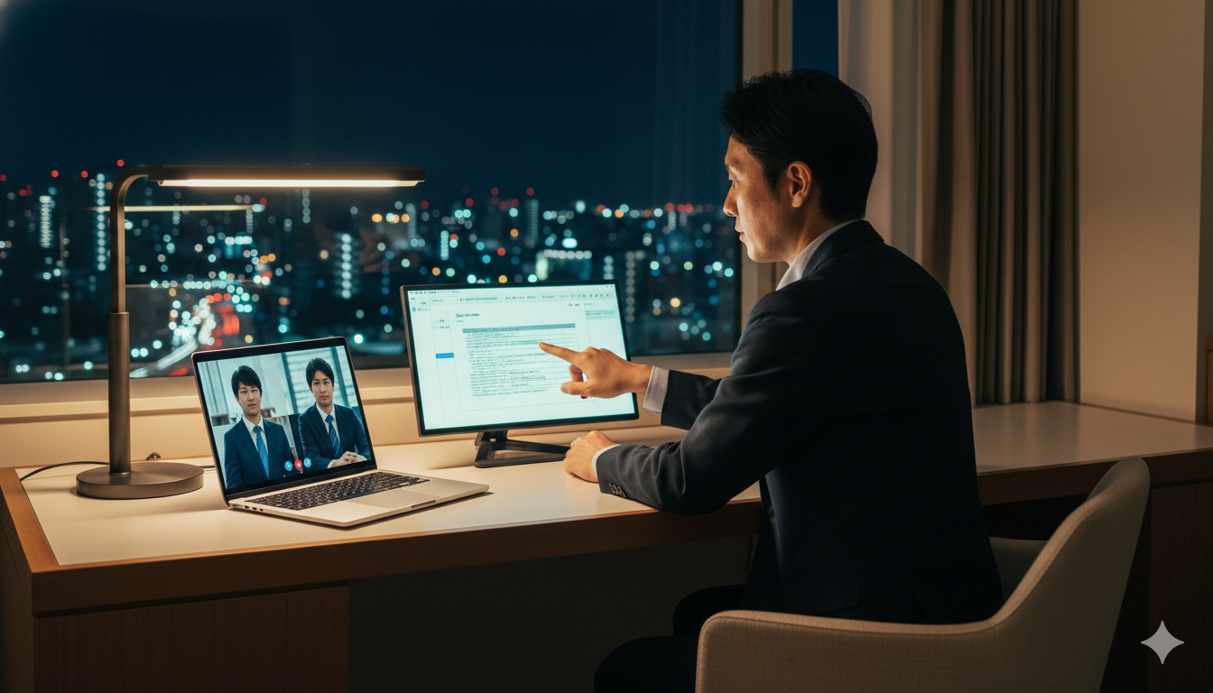 ホテルのデスクでモバイルモニターのタッチスクリーンを操作しながらウェブ会議をするビジネスマン