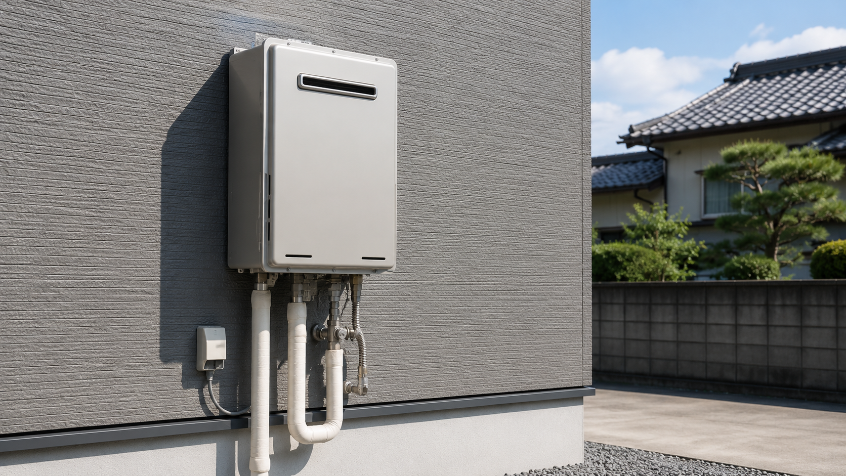 戸建て住宅の外壁に設置された壁掛けタイプのガス給湯器