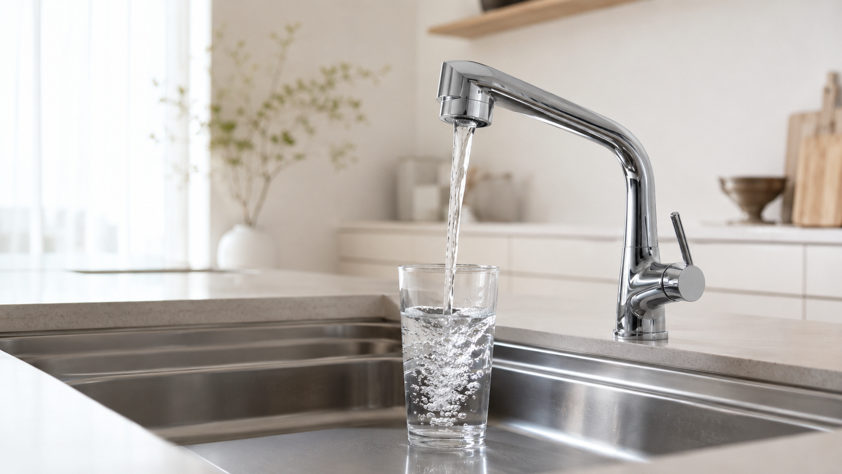 キッチン水栓から注がれる透明な水