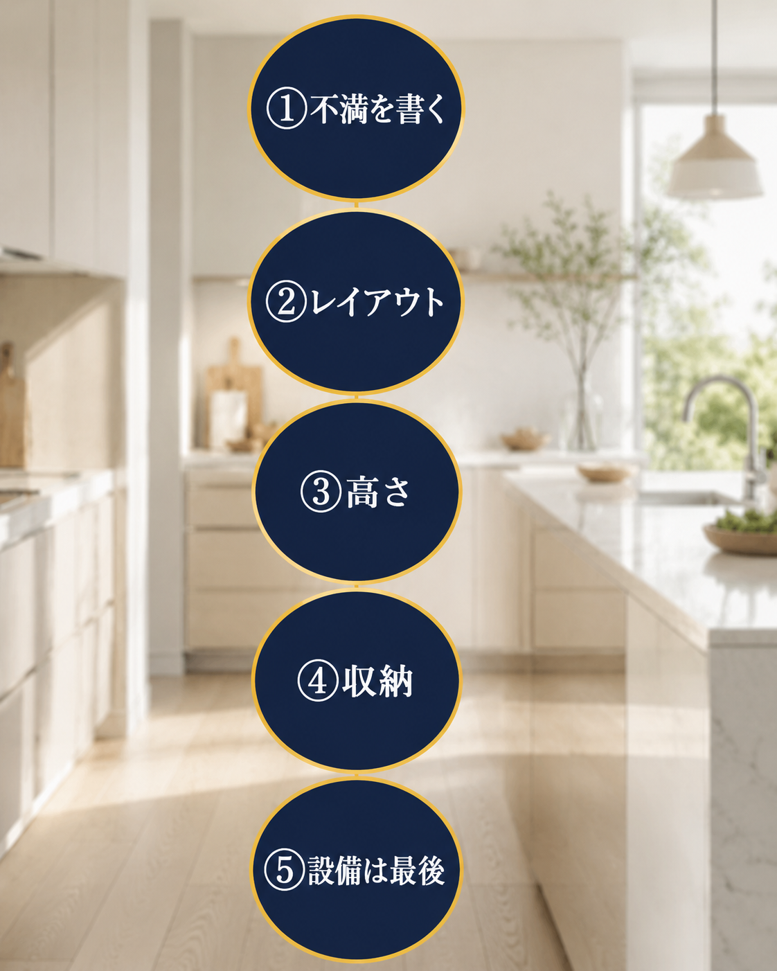 キッチンリフォームの決める順番5ステップ(不満→レイアウト→高さ→収納→設備)