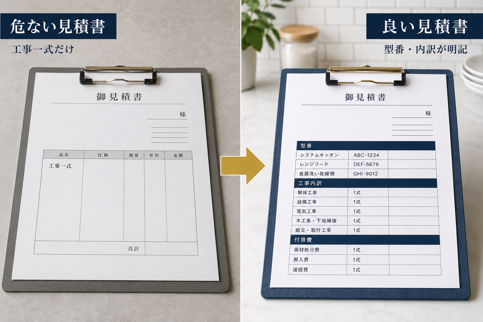 危ない見積書と良い見積書の違い(工事一式だけ vs 型番・内訳が明記)