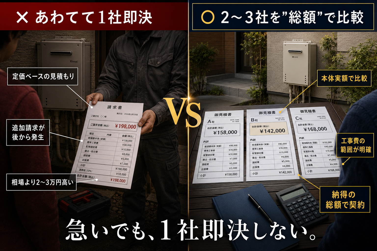 給湯器交換で1社即決した場合と2〜3社を比較した場合の結果の違いを示す比較図解