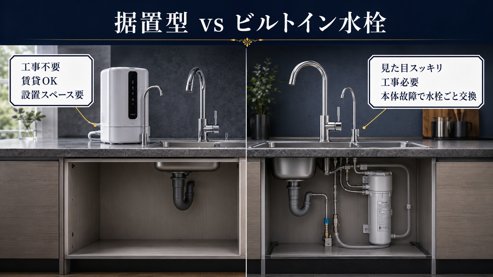 据置型のラピュールとビルトイン浄水水栓の構造の違いを示す比較図