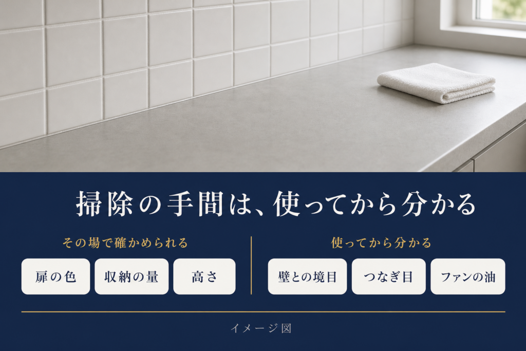 ショールームで確かめられる項目（扉の色・収納の量・高さ）と、使い始めてから分かる項目（壁との境目・つなぎ目・ファンの油）を分けたイメージ図