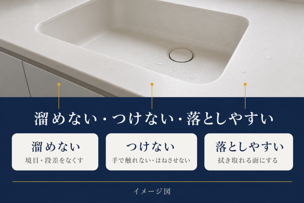 掃除しやすさを「溜めない」「つけない」「落としやすい」の3つに分けて、それぞれに当たる仕様の例を示したイメージ図