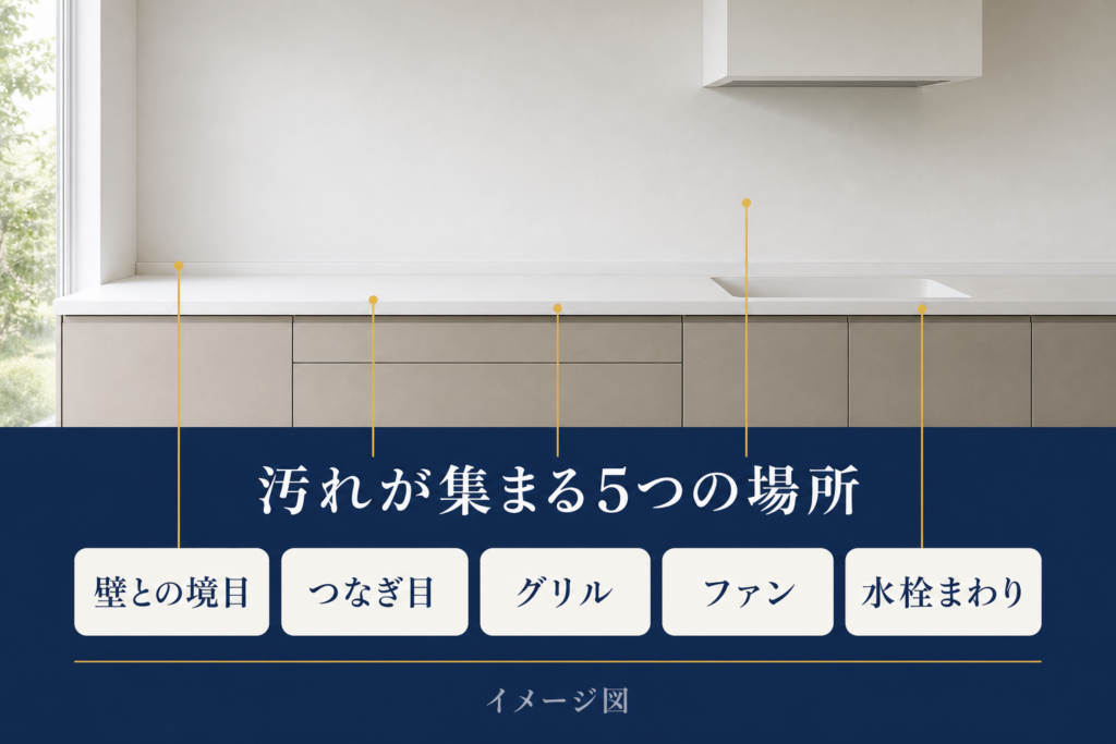 キッチンで汚れが集まりやすい5つの場所（壁との境目・シンクのつなぎ目・グリル・レンジフードのファン・水栓まわり）を示したイメージ図