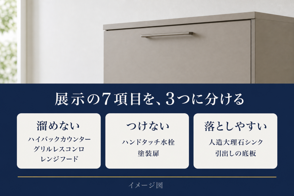 メーカー展示プランの7項目を「溜めない」「つけない」「落としやすい」の3分類に配置したイメージ図（③の扉は見た目が主）