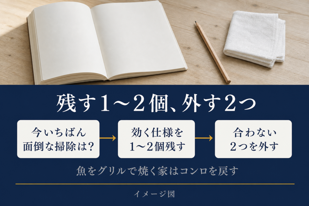 今いちばん面倒な掃除から、お金をかける仕様を1〜2個残し、家の使い方に合わない2つを外す流れを示した判断チャートのイメージ図