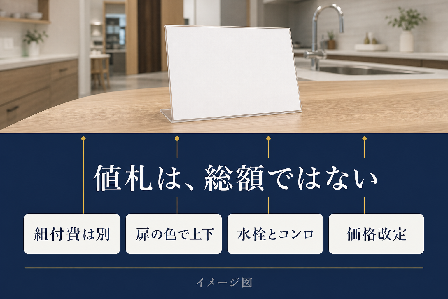 ショールームの値札が総額ではない理由を示すイメージ図。組付費は別・扉の色で上下・水栓とコンロ・価格改定