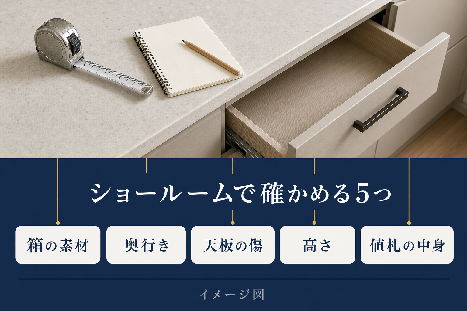 ショールームで確かめる5つのこと（箱の素材・奥行き・天板の傷・高さ・値札の中身）を示すイメージ図