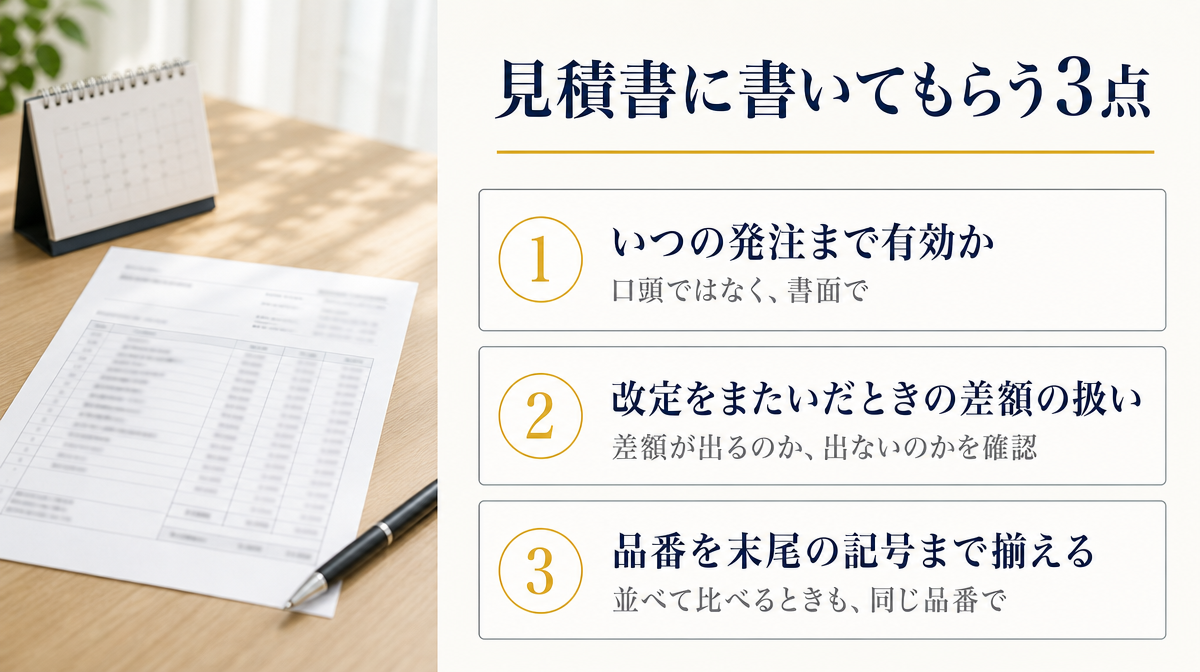 見積書に書いてもらう3点:有効期限、改定をまたいだ差額の扱い、品番の末尾の記号までの一致