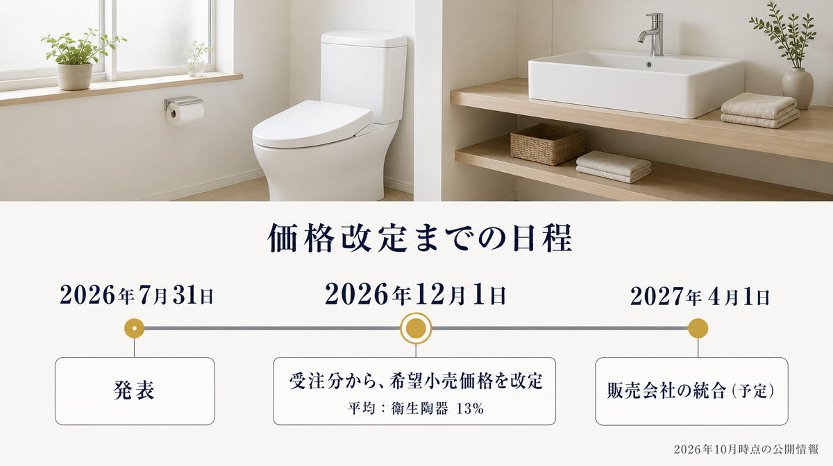 2026年7月31日の発表、12月1日受注分からの価格改定、2027年4月1日の販売会社統合予定を並べた日程図