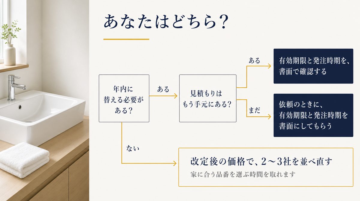 年内に替える必要があるか、見積もりが手元にあるかで、取る行動を分けた判断の流れ図